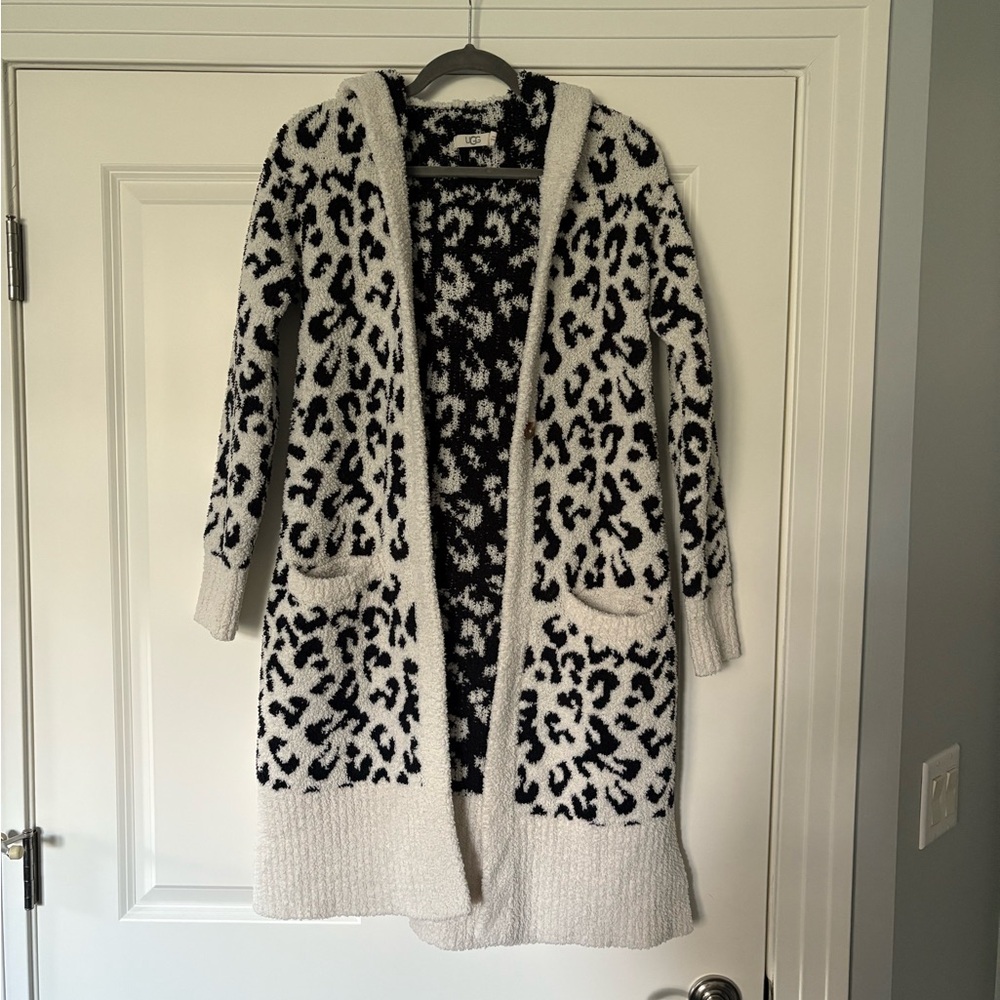 UGG Leopard Print Hooded Cardigan Sweater Black & Cream Size XS/S
